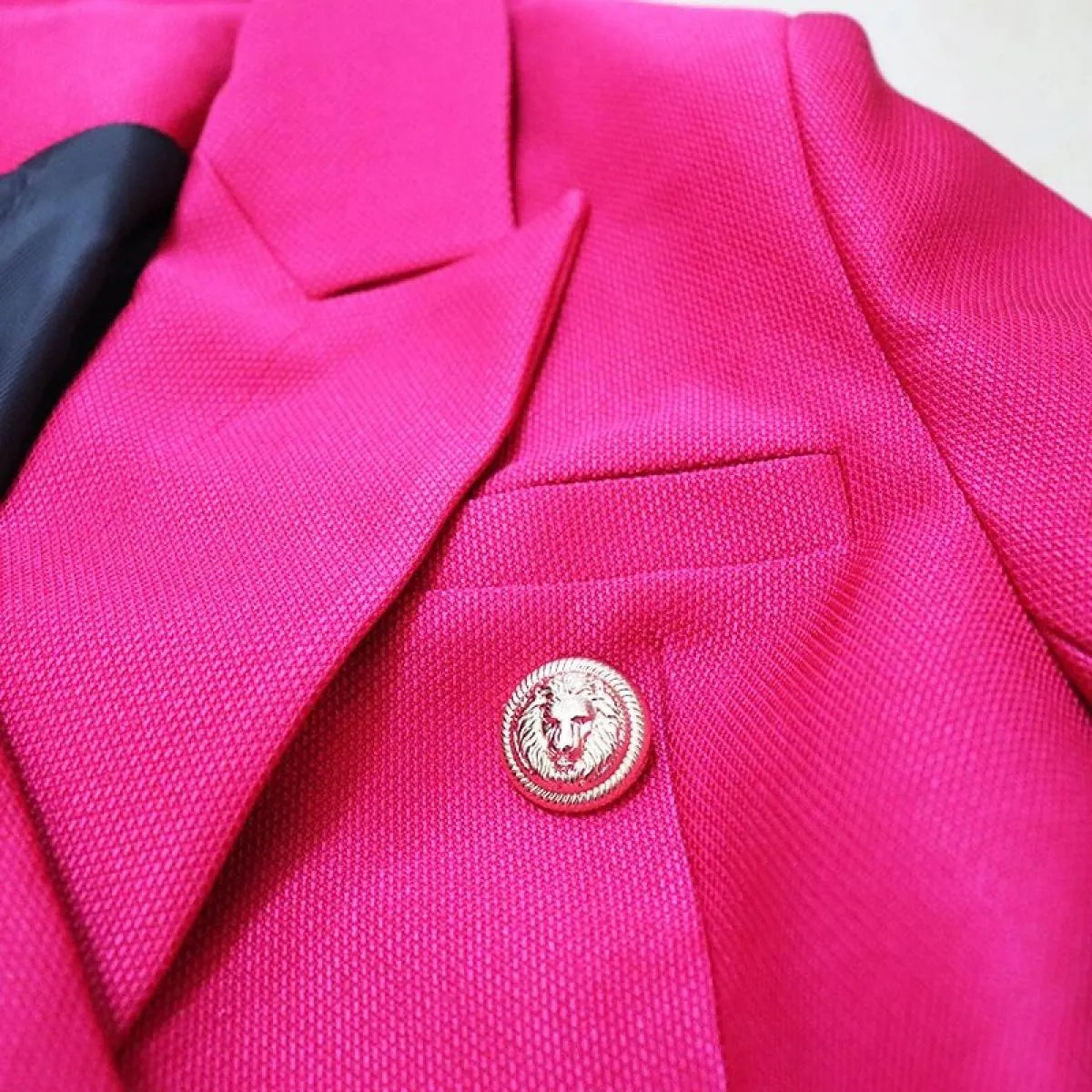 High Street Designer Jacket Women's Slim Fit Double-Breasted Jacket with Lion-Shaped Buttons Piqué Blazer