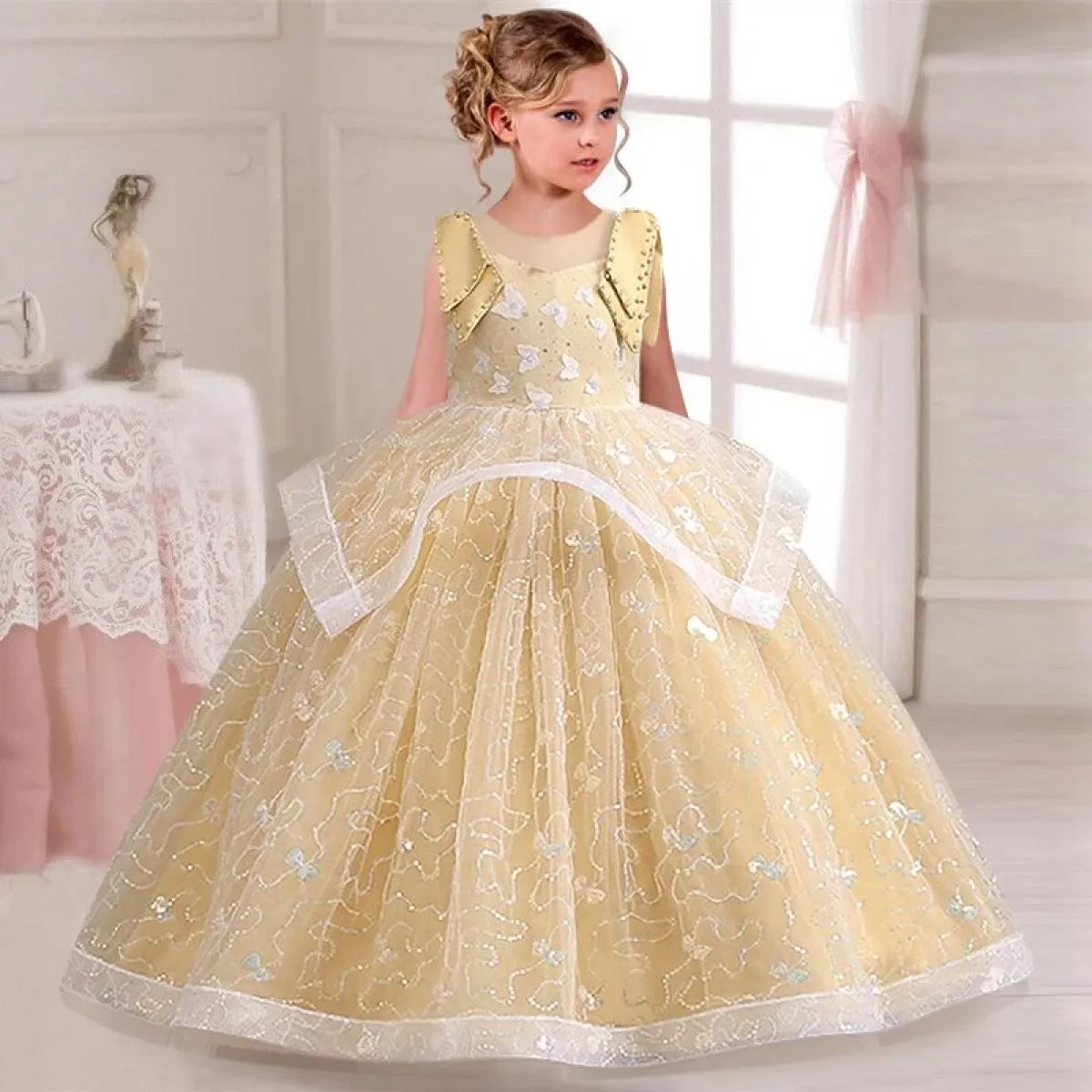 New 2023 Floral Lace Tulle Dress for Girls 3-12 Years, Embroidered Satin Dress for Children, Formal Communion Princess Dress