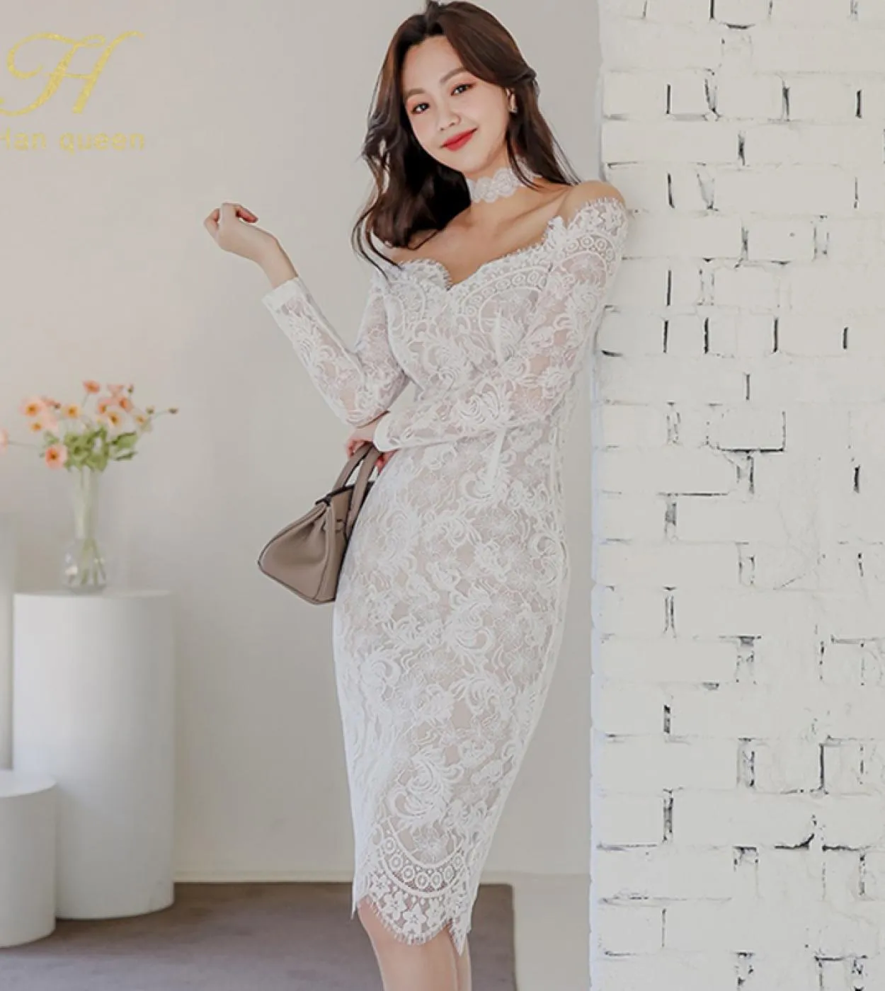 Spring Lace Pencil Dress Figure-Hugging Women Hollow Out Sheath Ol Slash Collar Lav