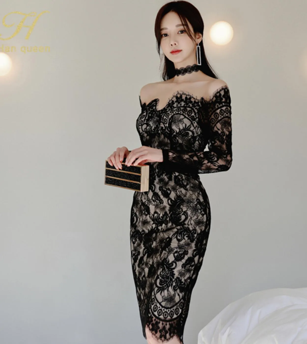 Spring Lace Pencil Dress Figure-Hugging Women Hollow Out Sheath Ol Slash Collar Lav