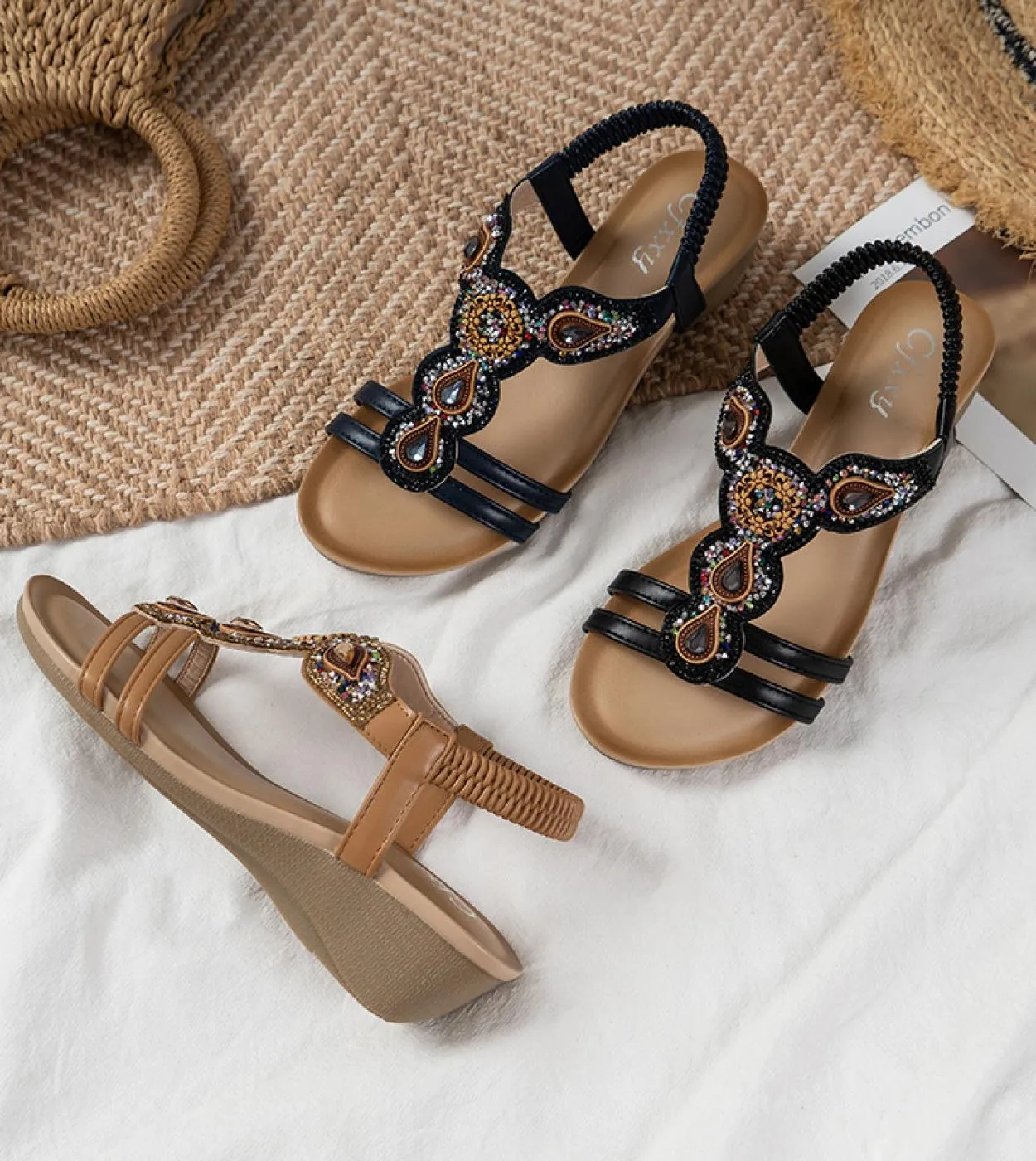 New Women's Bohemian Beaded Wedge Sandals