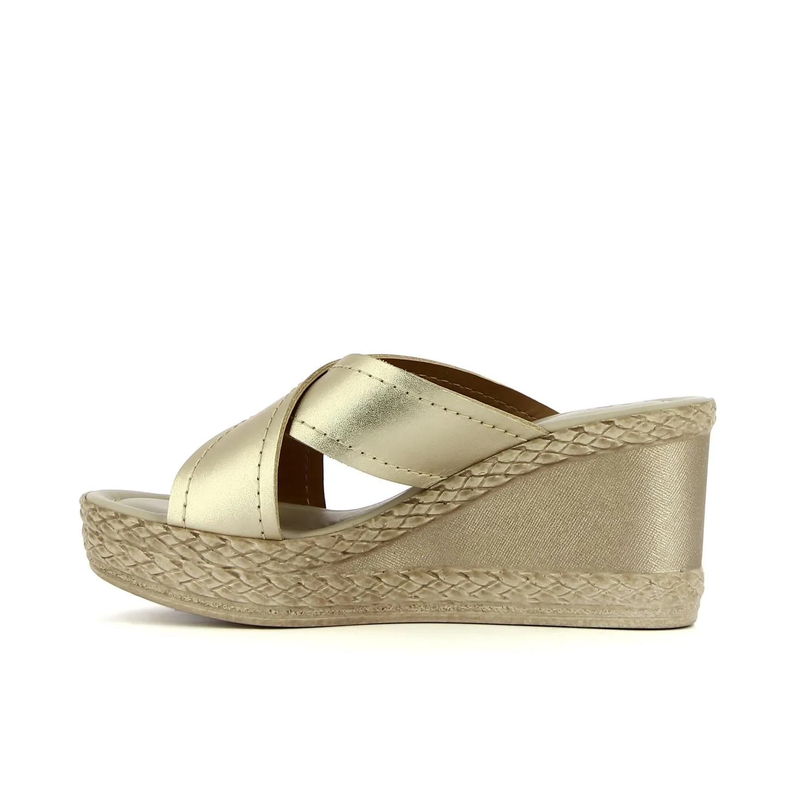 Gold Cross-Band Sandals with Maxi Wedge
