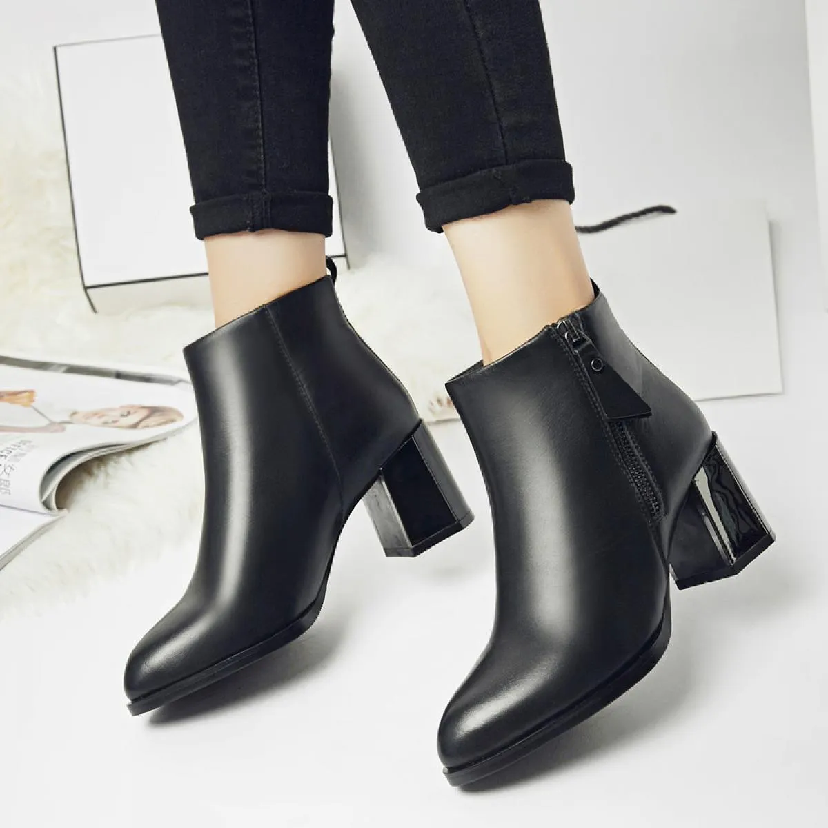 Stivali Chelsea da donna in stile inglese, da discoteca, casual, con tacco spesso, stivali con tacco alto in vera pelle, scarpe